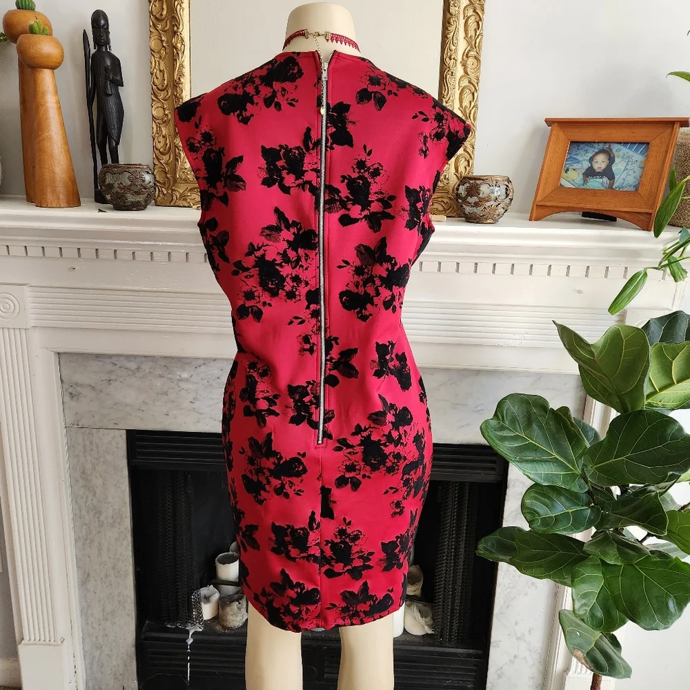 Fifth & Park Red Sheath Dress Black Velvet Floral Vampire Old Hollywood Size 14